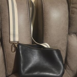 Madewell Black Leather Crossbody Bag with Striped Strap